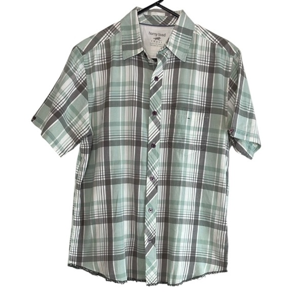 Horny Toad Mens Short Sleeve Plaid Button Down Shirt Green Grey Organic Cotton S - Picture 12 of 12